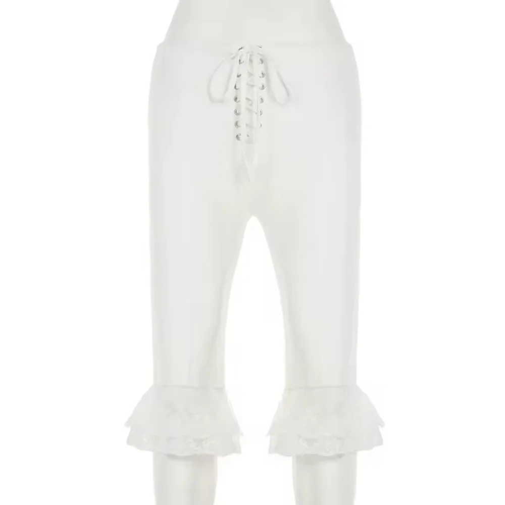 Holiday Solid Lace Trim Bandage Knee LengthPants Sweet Slim Mid-Waisted Pants - Picture 4 of 5